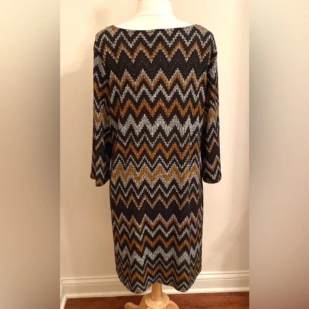 Tacera Black Orange Grey Chevron Print SZ 1X Retro Contemporary Mod Casual Dress